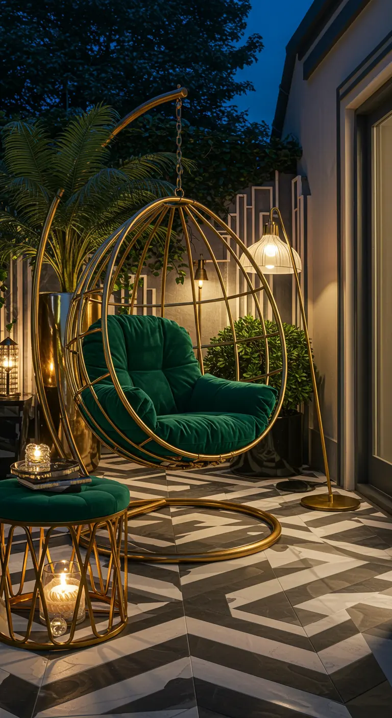 Goudkleurige bolvormige hangstoel met smaragdgroene fluwelen kussens op een balkon met grafische tegels.