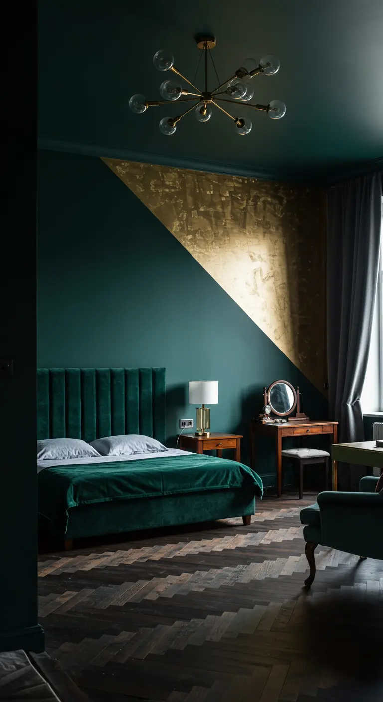Donkergroene slaapkamermuur met diagonaal gouden kleurverloop accent.