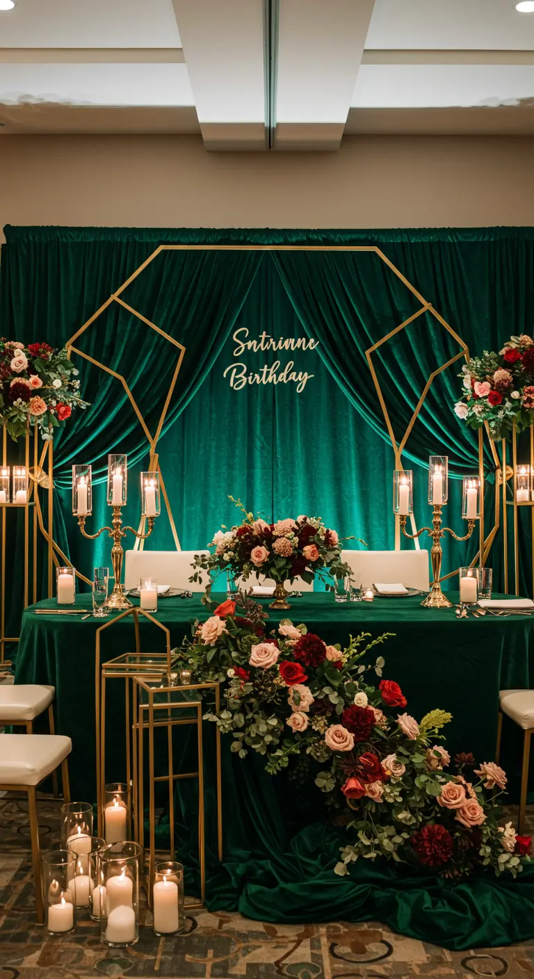 Luxe backdrop met smaragdgroen fluweel, gouden frame, bloemen en kaarsen voor een dinertafel.