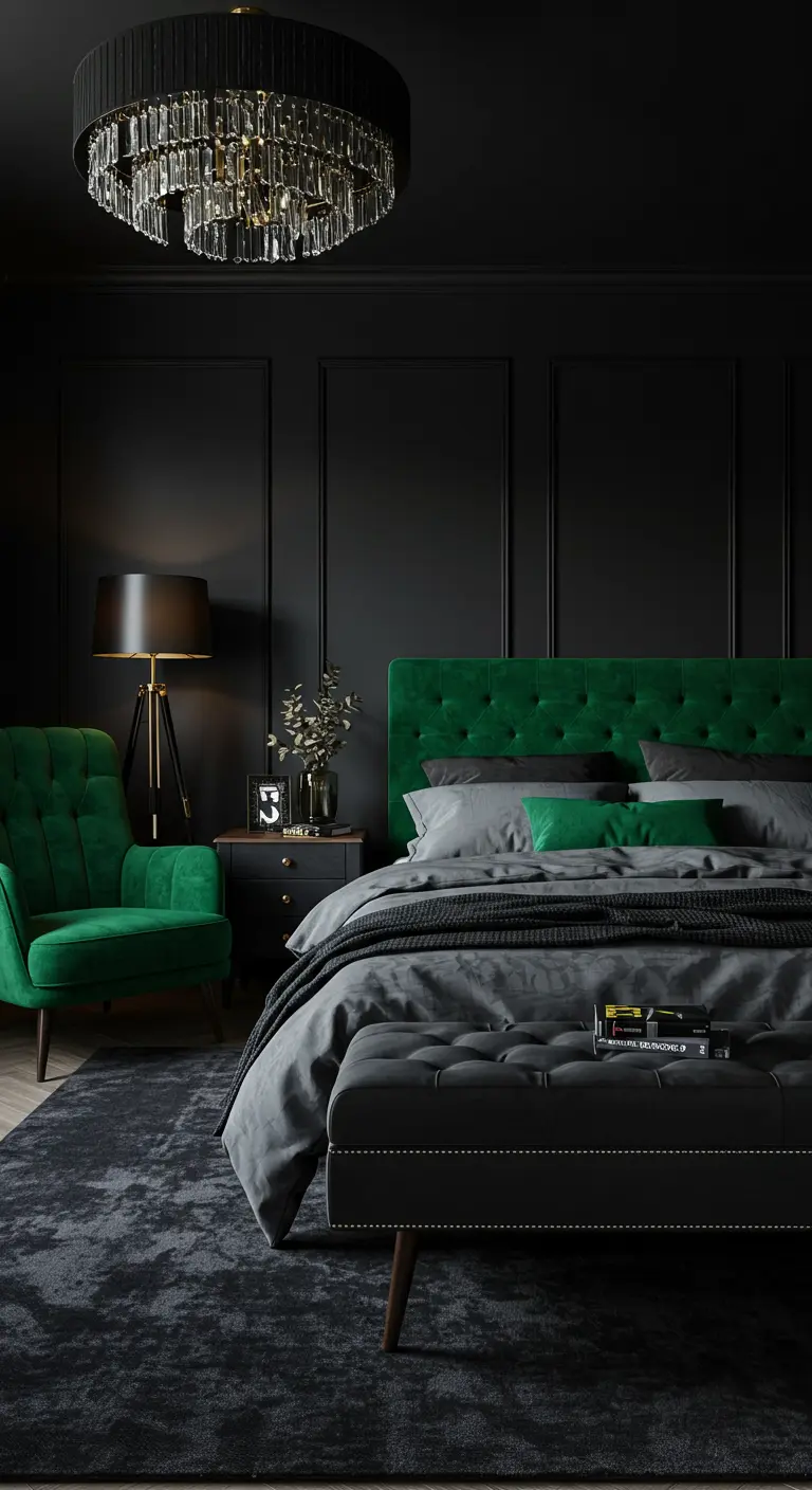 Chique slaapkamer met zwarte muren, smaragdgroene fluwelen accenten en gouden details.