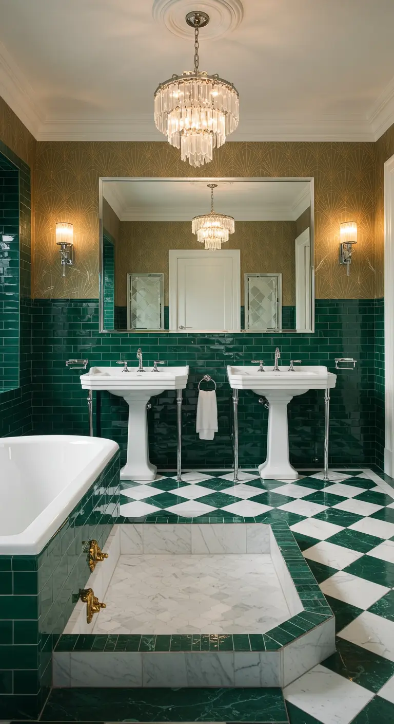 Luxe badkamer met smaragdgroene tegels, wit-groene dambordvloer en kristallen kroonluchter.