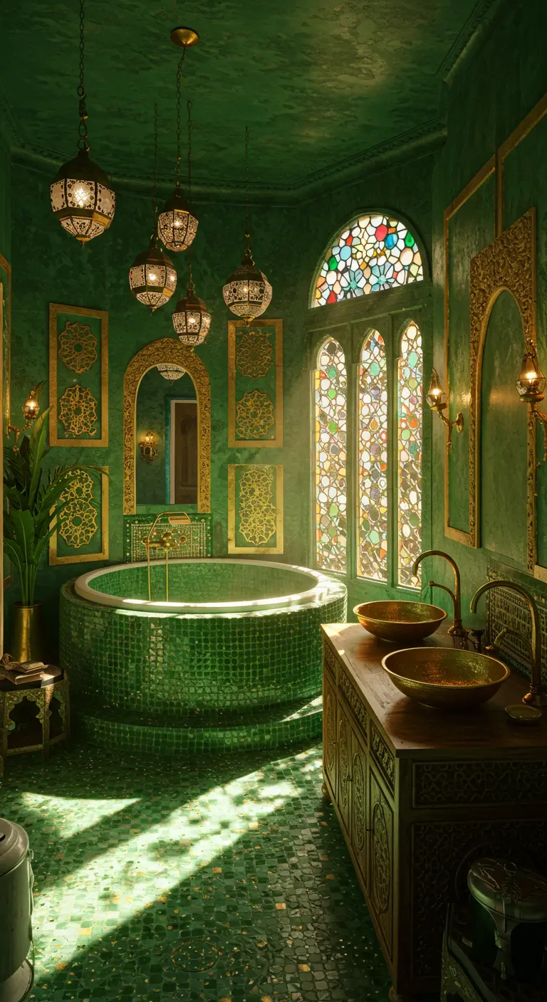 Luxe badkamer met smaragdgroene mozaïektegels, gouden details en glas-in-lood ramen