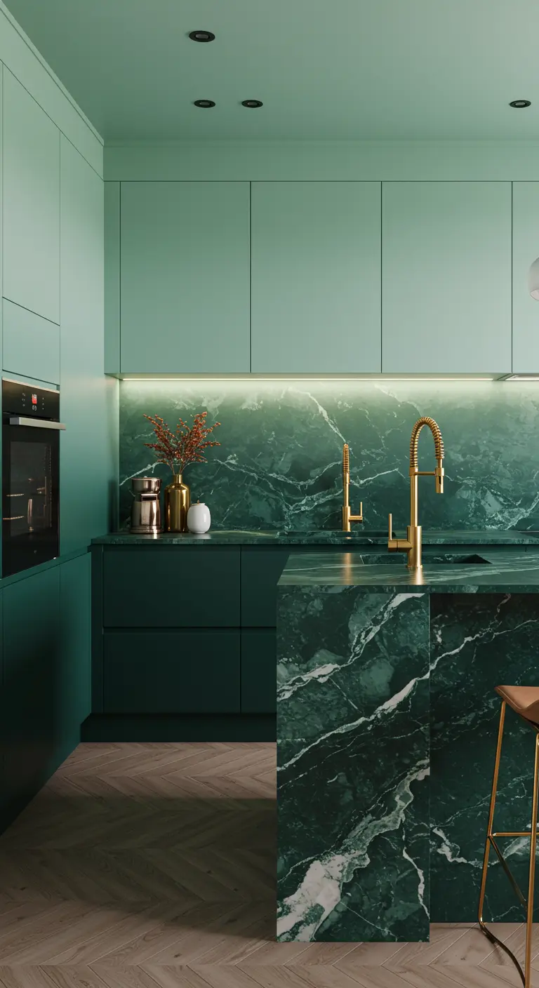 Luxe groene keuken met lichte bovenkasten en een donkergroen marmeren kookeiland en achterwand.
