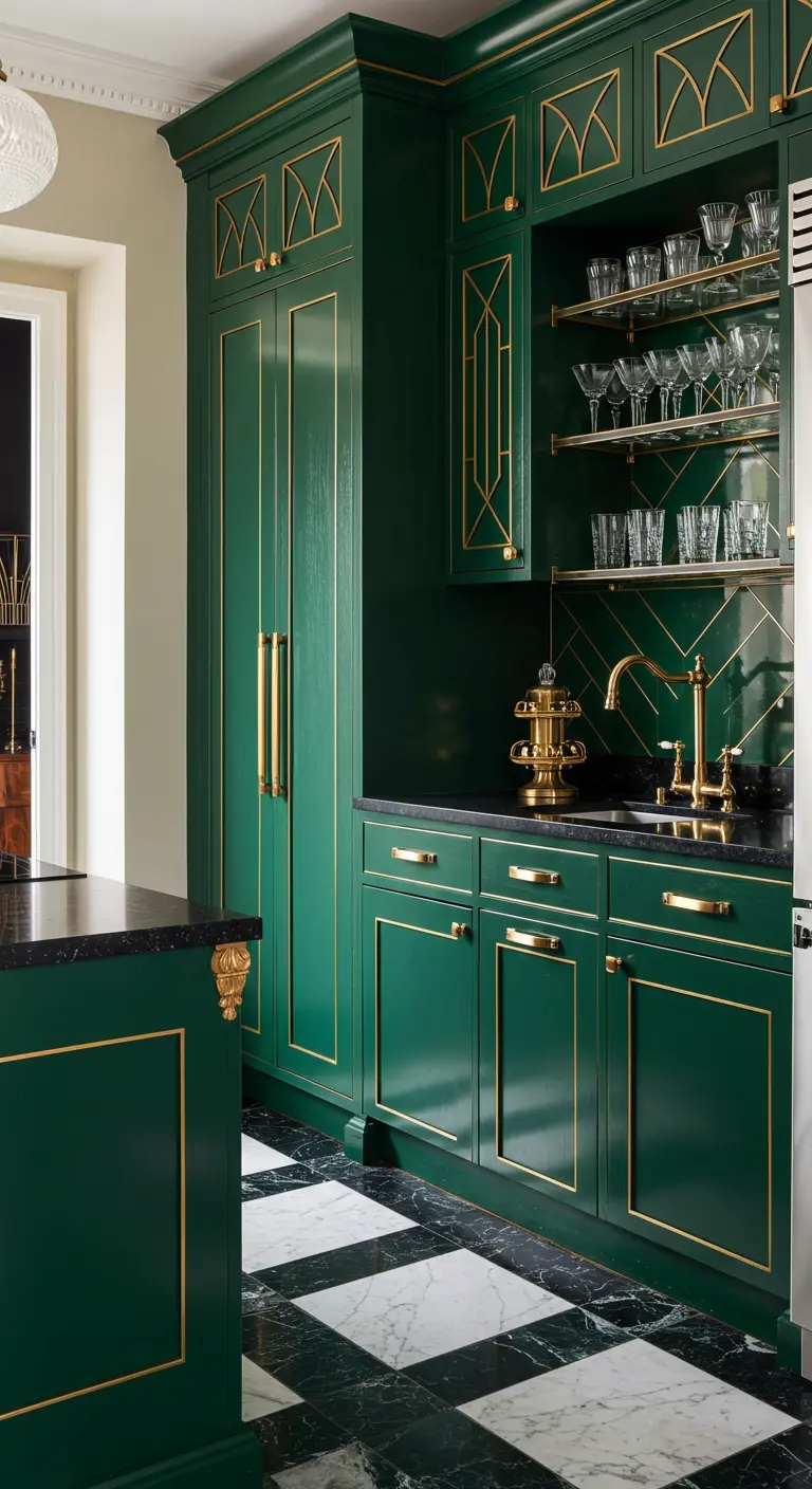 Smaragdgroene keuken met gedetailleerde messing omlijsting op kasten en zwart-wit geblokte marmeren vloer.