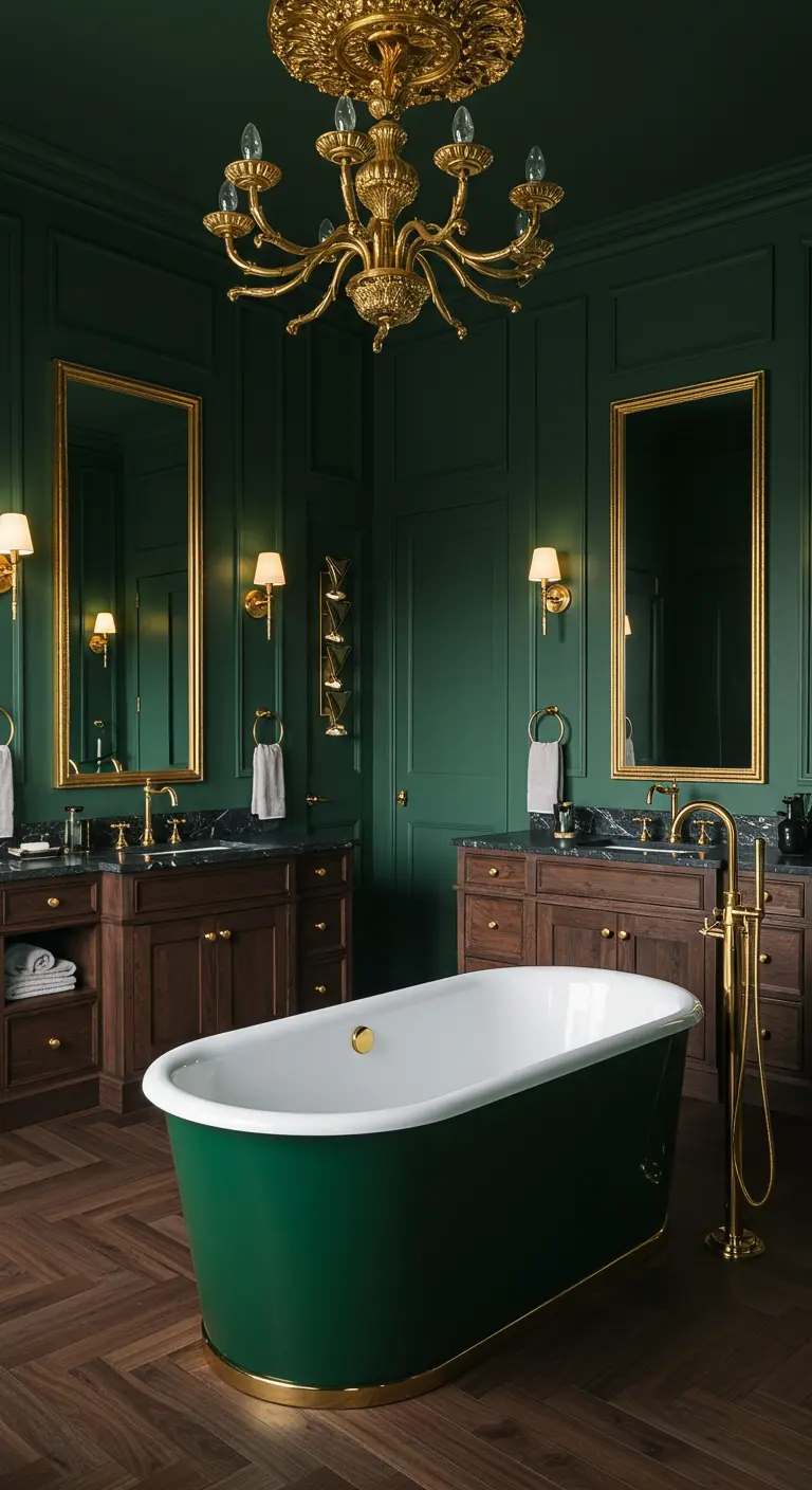 Smaragdgroene badkamer met lambrisering, gouden kroonluchter, spiegels en groene badkuip.
