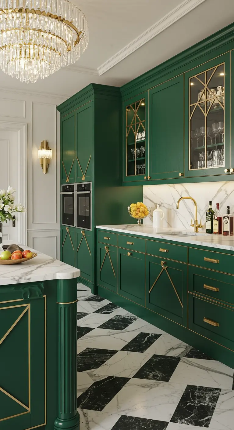 Luxe keuken met smaragdgroene kasten, gouden details en zwart-wit geblokte marmeren vloer.
