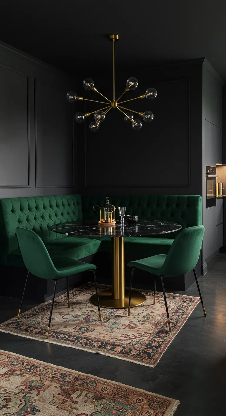 Luxe donkere eethoek met smaragdgroene velvet hoekbank, marmeren tafel en gouden hanglamp.