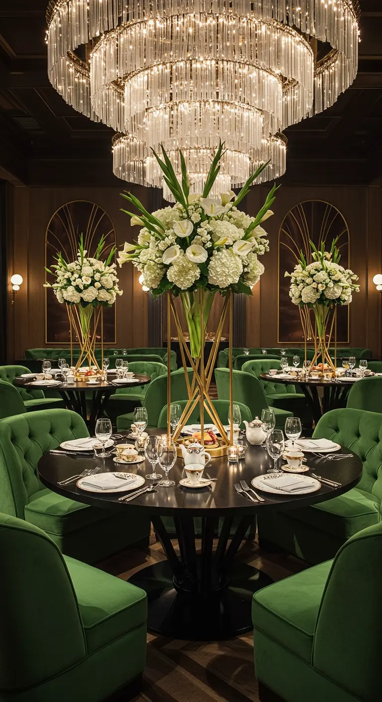 Luxe high tea setting met groene fluwelen stoelen, gouden details en grote witte bloemstukken.