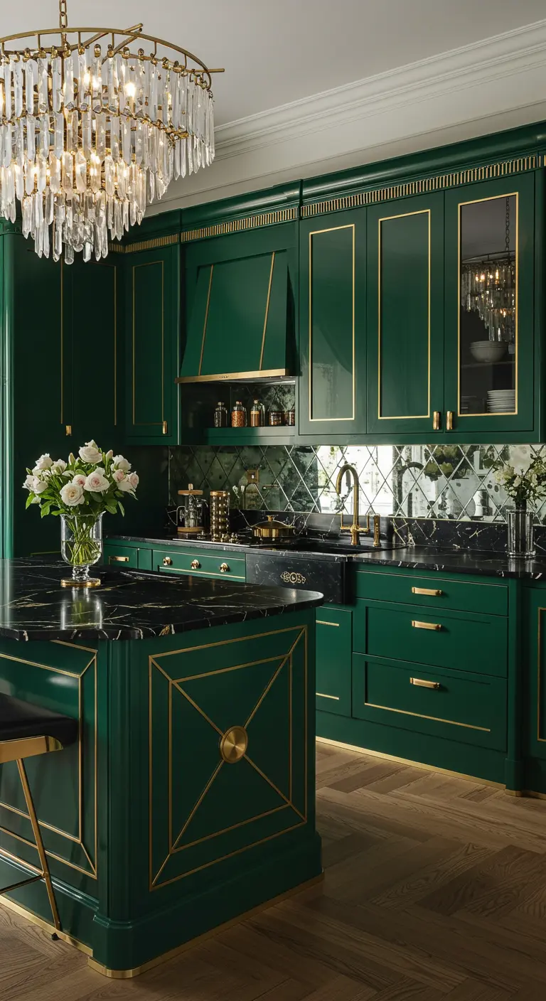 Luxe Art Deco keuken met smaragdgroene kasten, gouden details en zwart marmer.