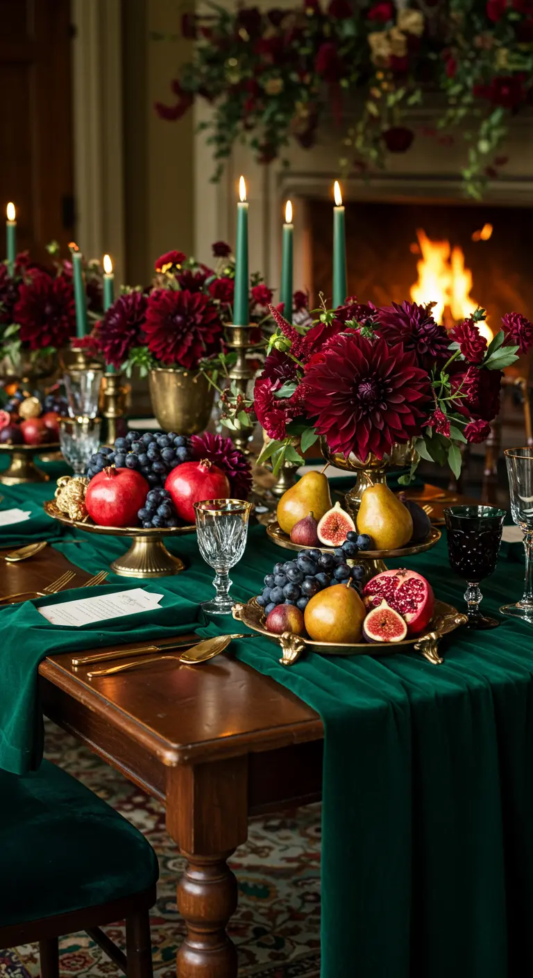 Luxe tafel met smaragdgroen fluweel, rode bloemen, fruit en gouden details bij open haard.