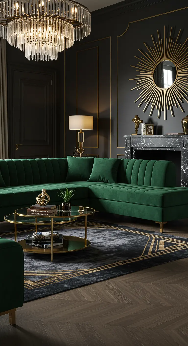 Donkergroene fluwelen hoekbank in luxe interieur met zwarte muren en gouden accenten.