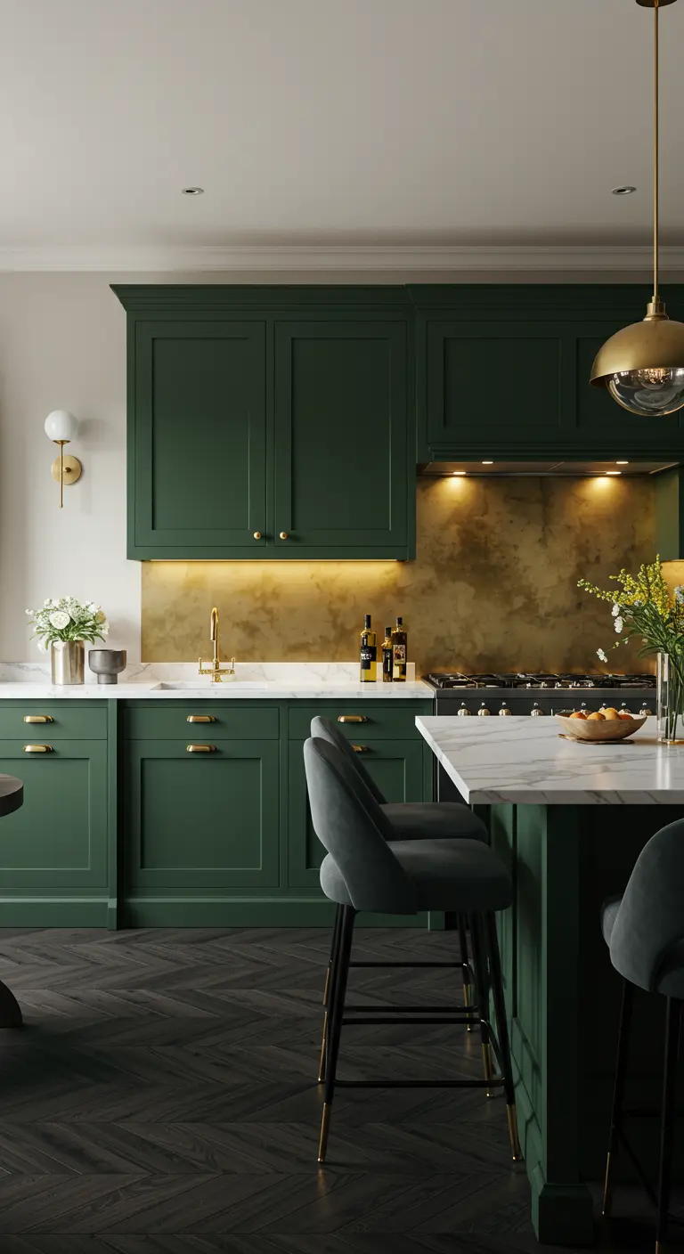 Luxe keuken met diepgroene kasten en een gouden spatwand.
