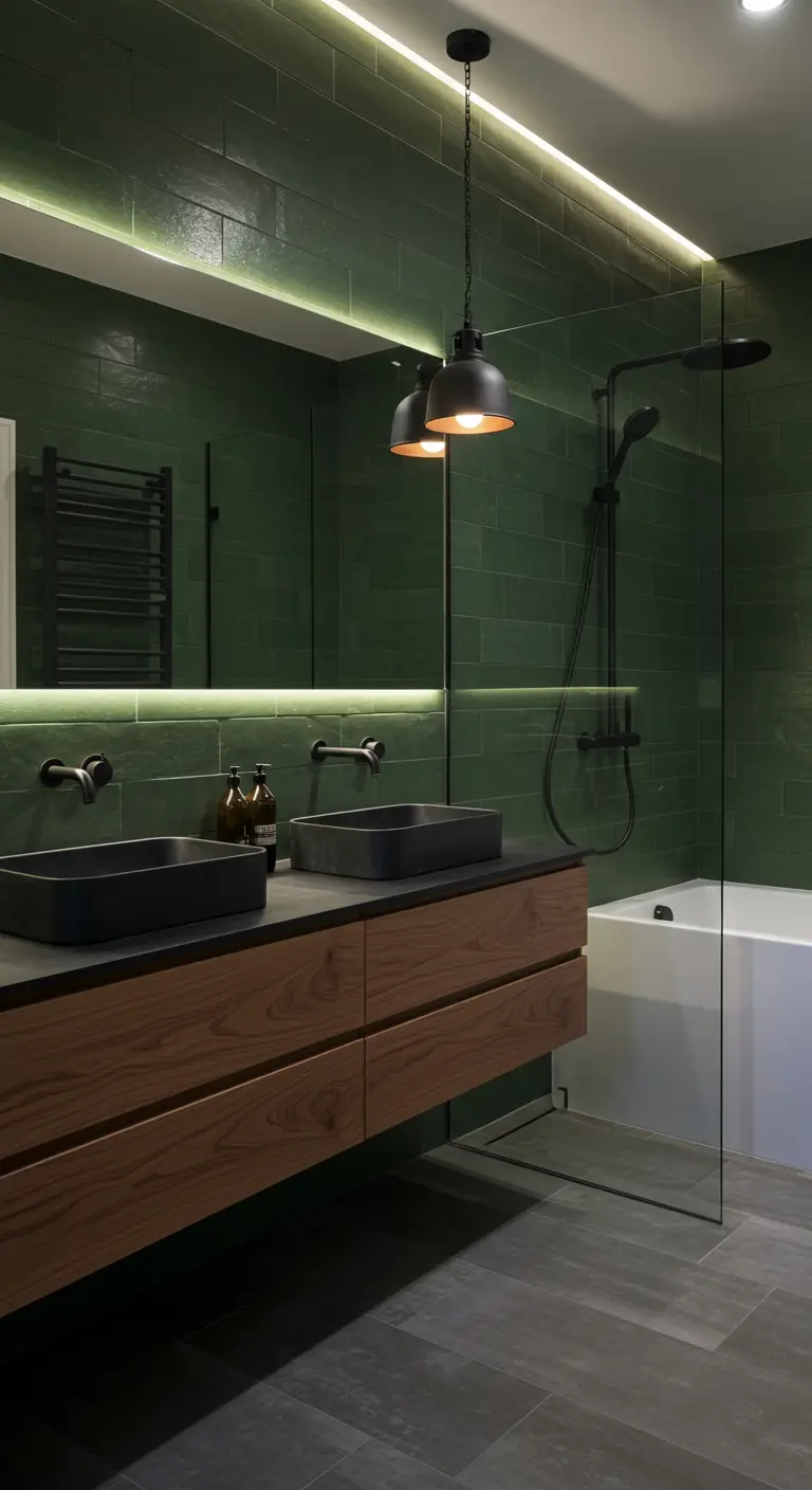 Moderne badkamer met glanzende donkergroene tegels, houten meubel en zwarte wasbakken.