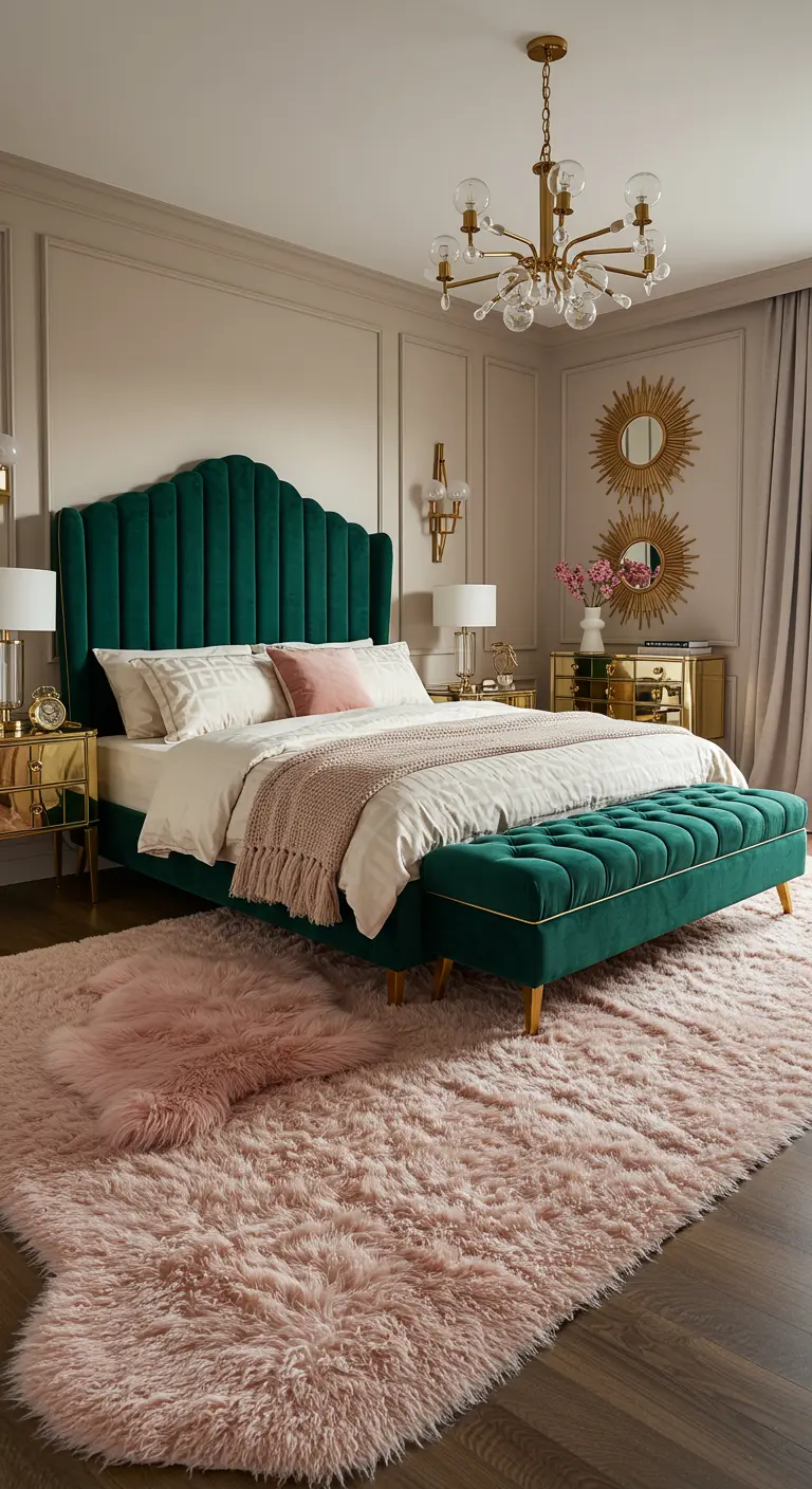 Glamoureuze slaapkamer met smaragdgroen bed en groot roze fluffy tapijt.