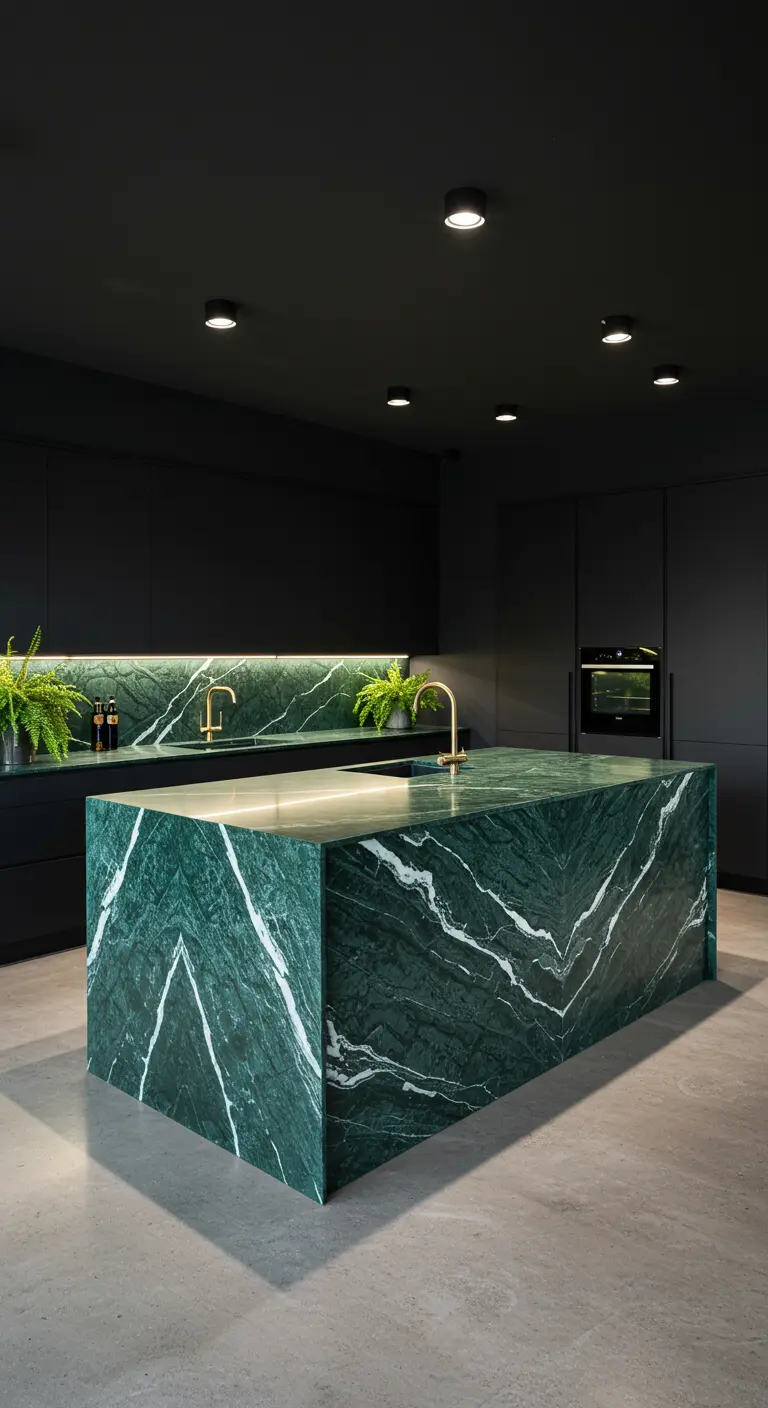 Moderne donkere keuken met groot smaragdgroen marmeren kookeiland en bijpassende achterwand.