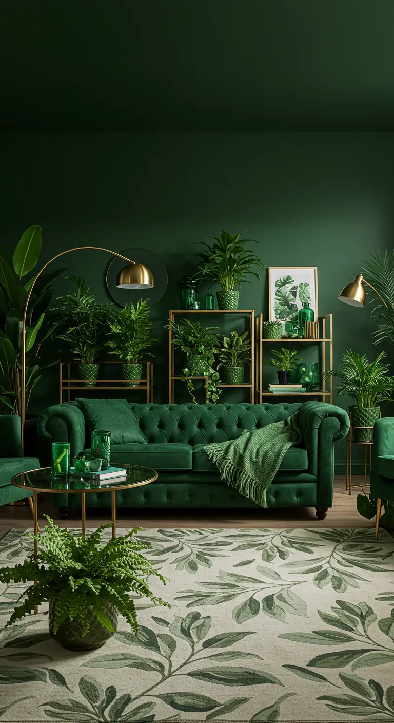 Donkergroene woonkamer met groene bank, planten, en gouden accenten.