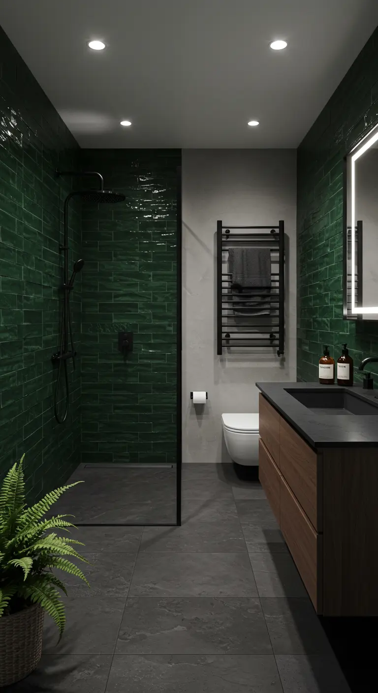 Moderne badkamer met diepgroene glanzende tegels in de douche.