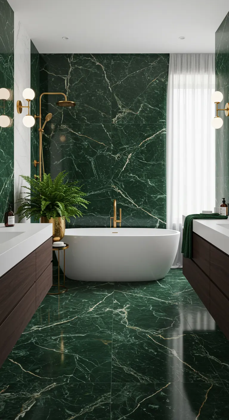 Luxe badkamer met grote smaragdgroene marmerlook tegels en gouden accenten.