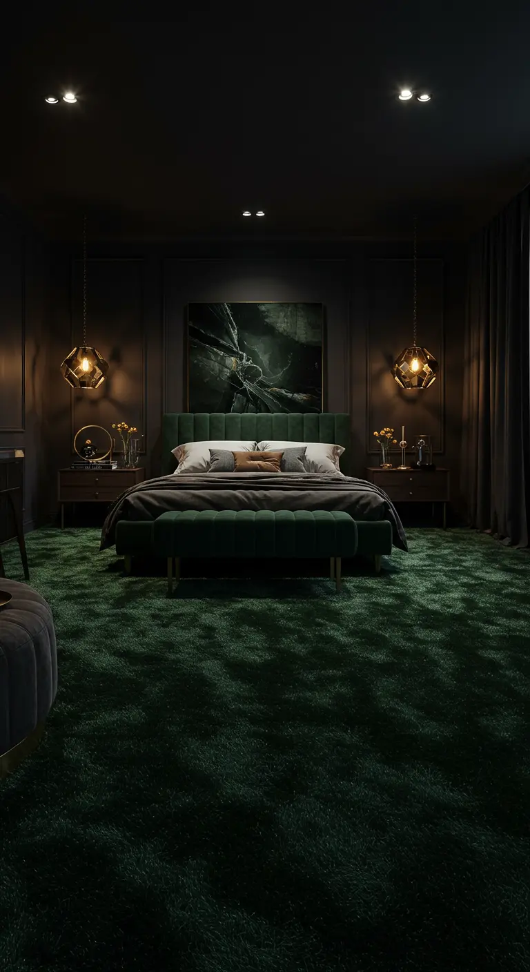 Donkere luxe slaapkamer met diepgroen hoogpolig tapijt en gouden accenten.