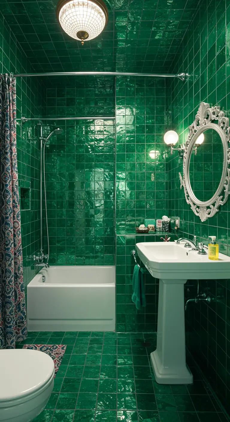 Badkamer volledig betegeld met glanzende, smaragdgroene tegels en klassiek wit sanitair.