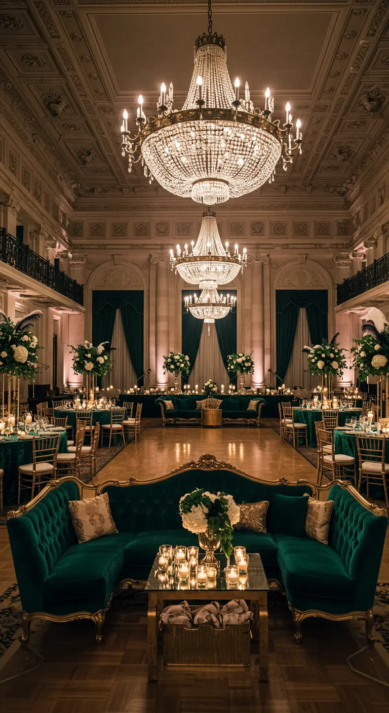 Luxe balzaal bruiloft met smaragdgroene fluwelen banken en gouden details.