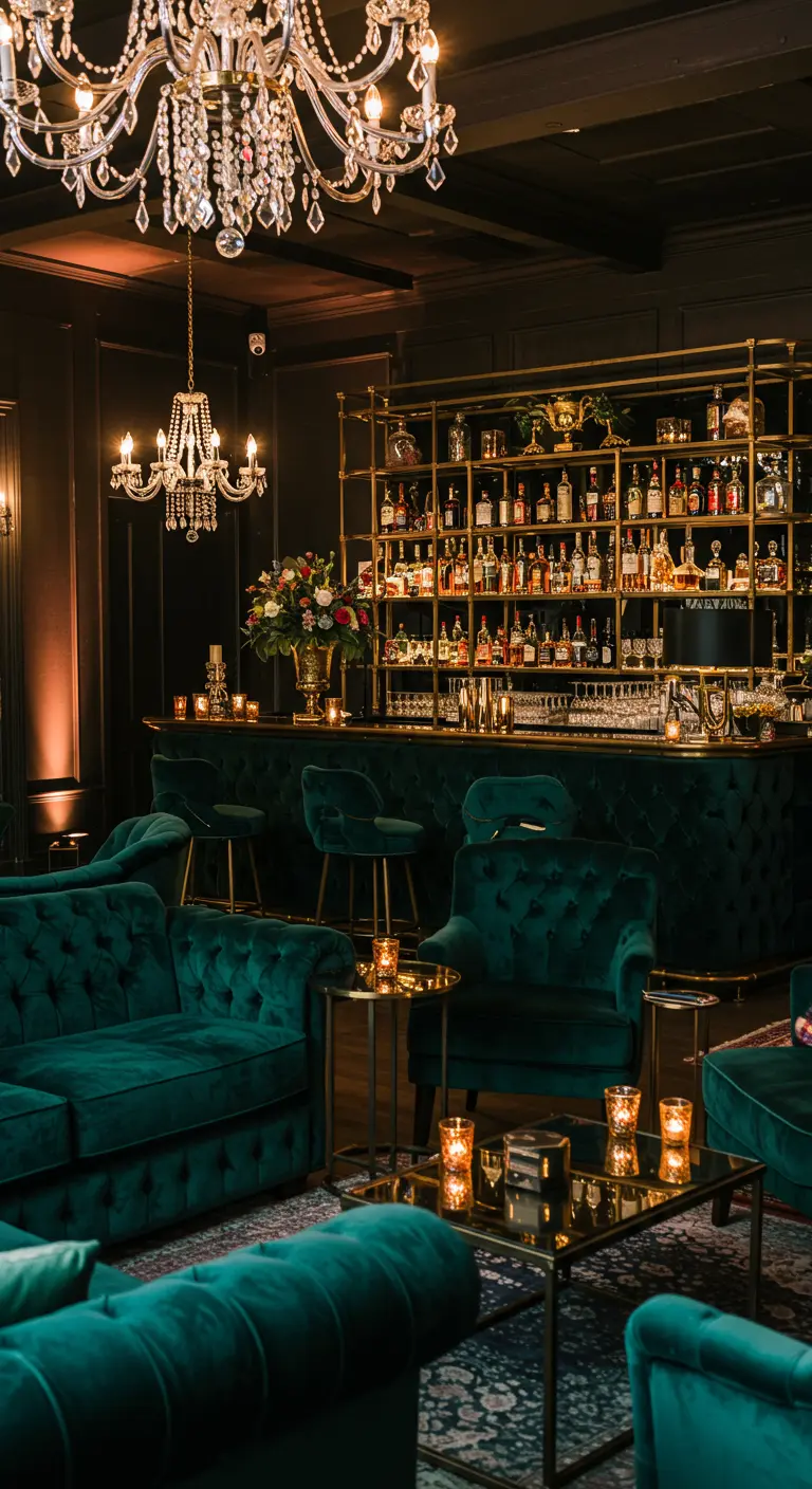 Luxe bar met smaragdgroene fluwelen meubels, gouden accenten en kroonluchters.