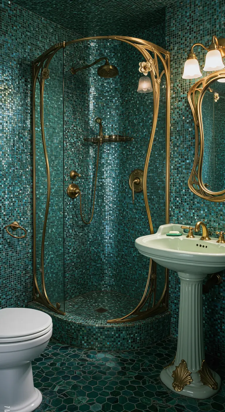 Art Nouveau badkamer met smaragdgroene mozaïektegels en messing douchecabine.