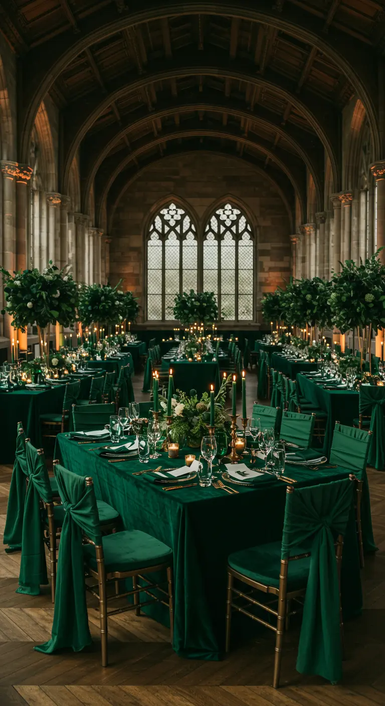 Elegante trouwzaal met smaragdgroene fluwelen tafelkleden en gouden accenten