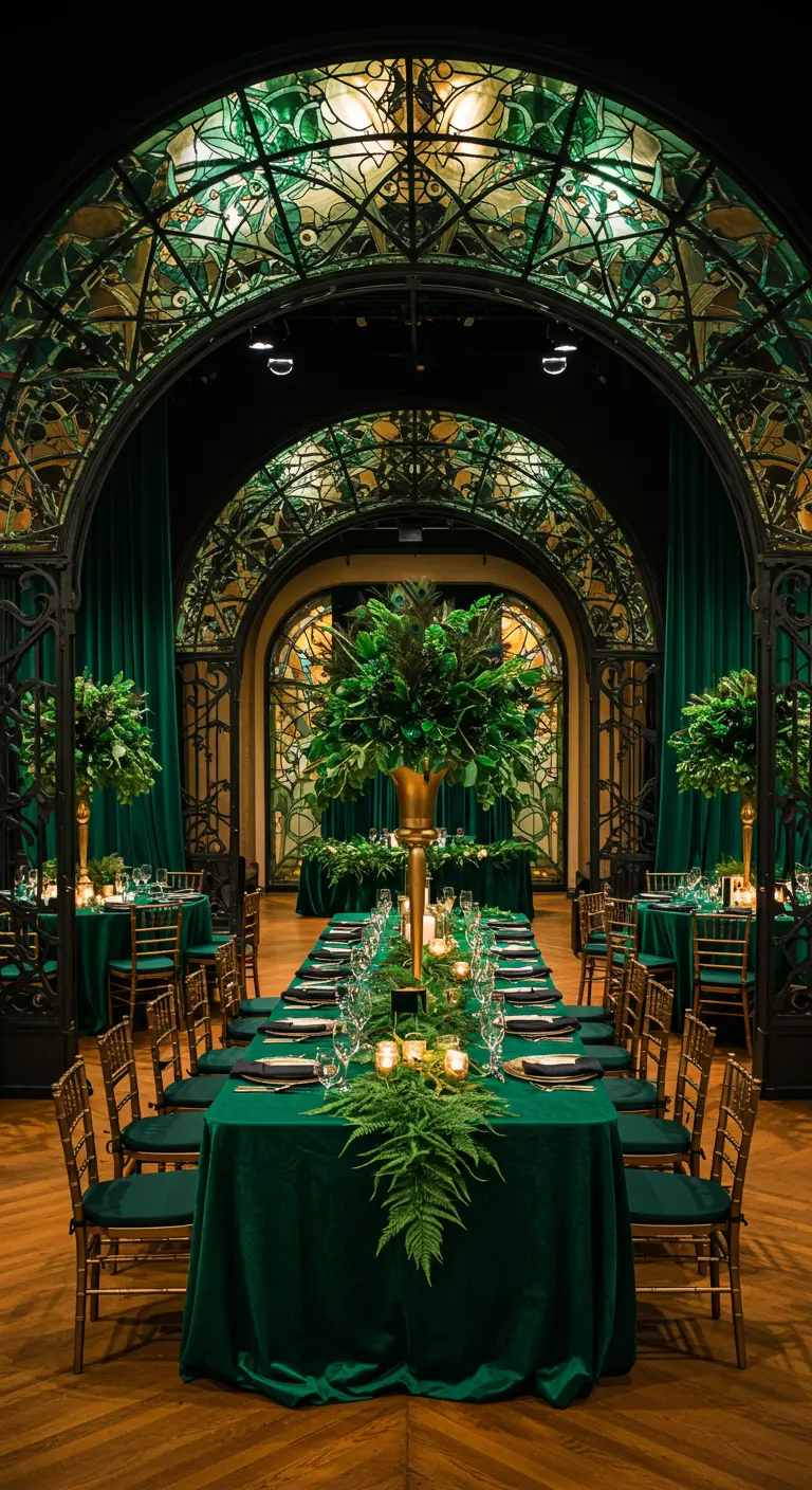 Elegante Art Nouveau bruiloftssetting in smaragdgroen met varens en gouden accenten.