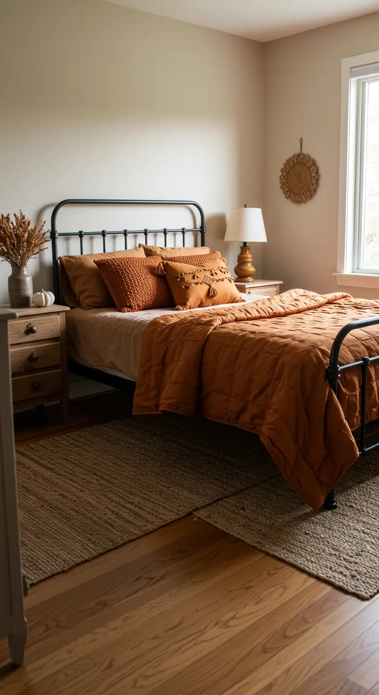 Slaapkamer met smeedijzeren bed, oranje beddengoed, jute vloerkleed en houten nachtkastje.