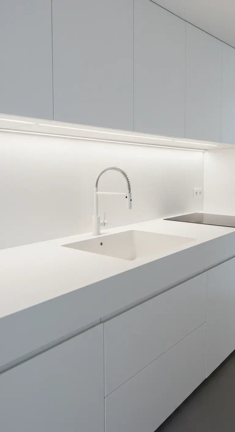 Strakke, minimalistische witte keuken met een geïntegreerde witte spoelbak en witte kraan.