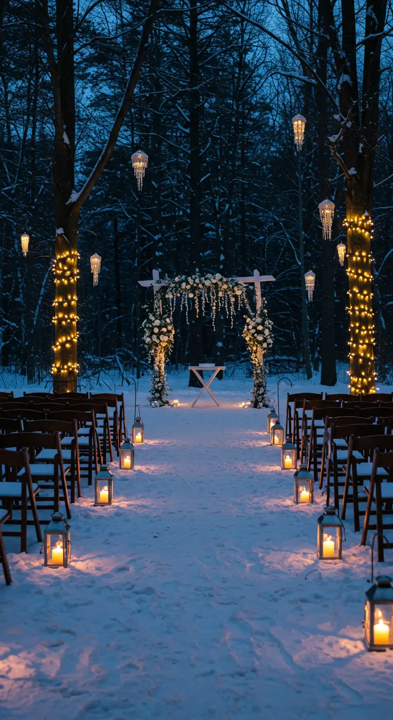 Buiten ceremonie in een besneeuwd bos, verlicht door lantaarns en lichtjes.