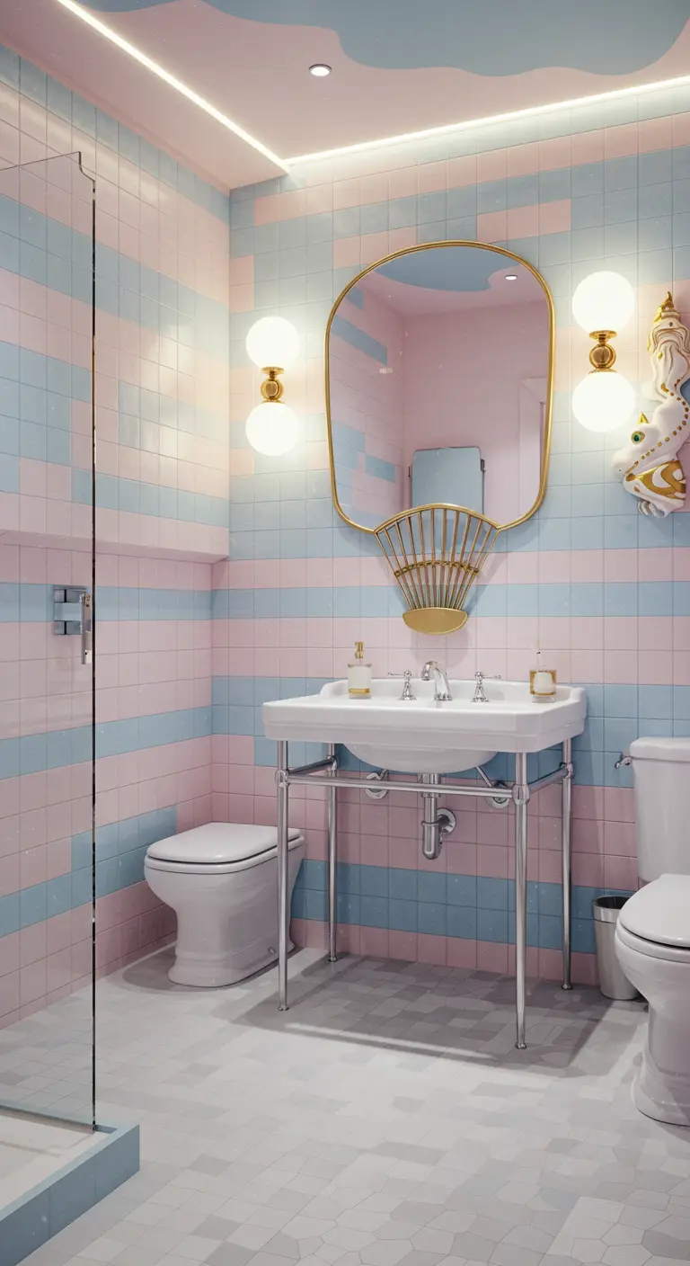 Badkamer met roze en blauw gestreepte tegels, gouden spiegel en wit sanitair.