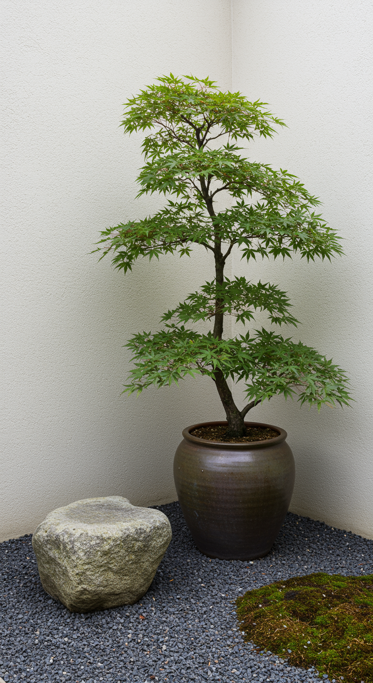 Japanse esdoorn in een donkere pot, naast een grote steen en mos, tegen een witte muur.