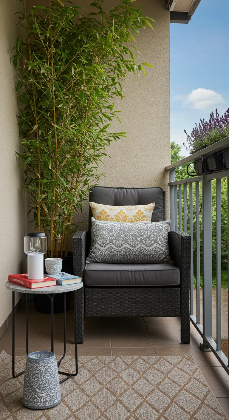Balkon met comfortabele donkergrijze loungestoel, hoge bamboeplant en klein bijzettafeltje.