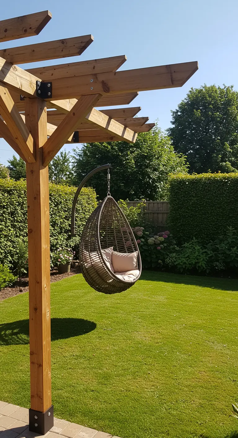 Rotanlook ei-hangstoel aan een gebogen arm bevestigd aan een houten pergola paal.