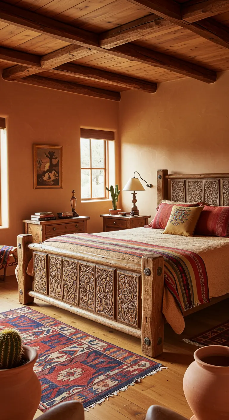 Southwestern slaapkamer met bewerkt houten bed en terracotta muren.