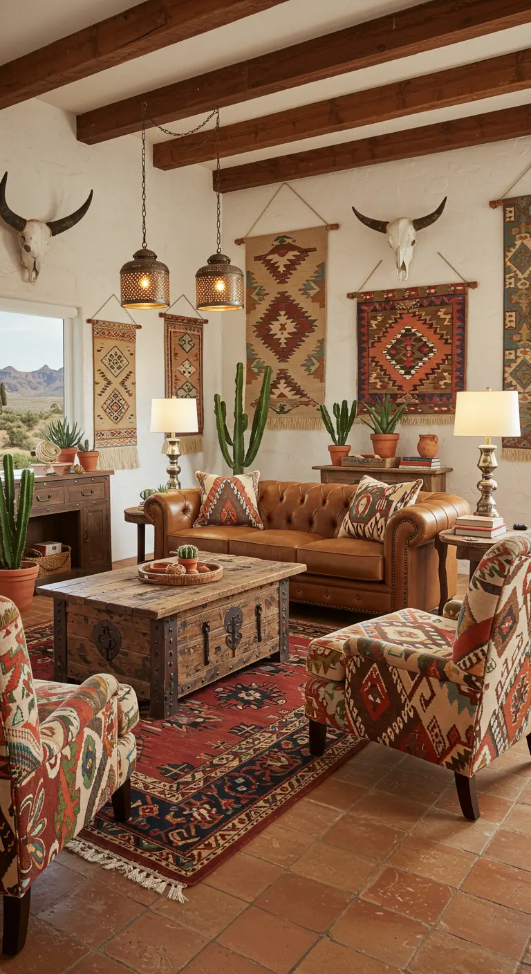 Southwestern boho woonkamer met leren bank, Navajo-wandkleden en cactussen.
