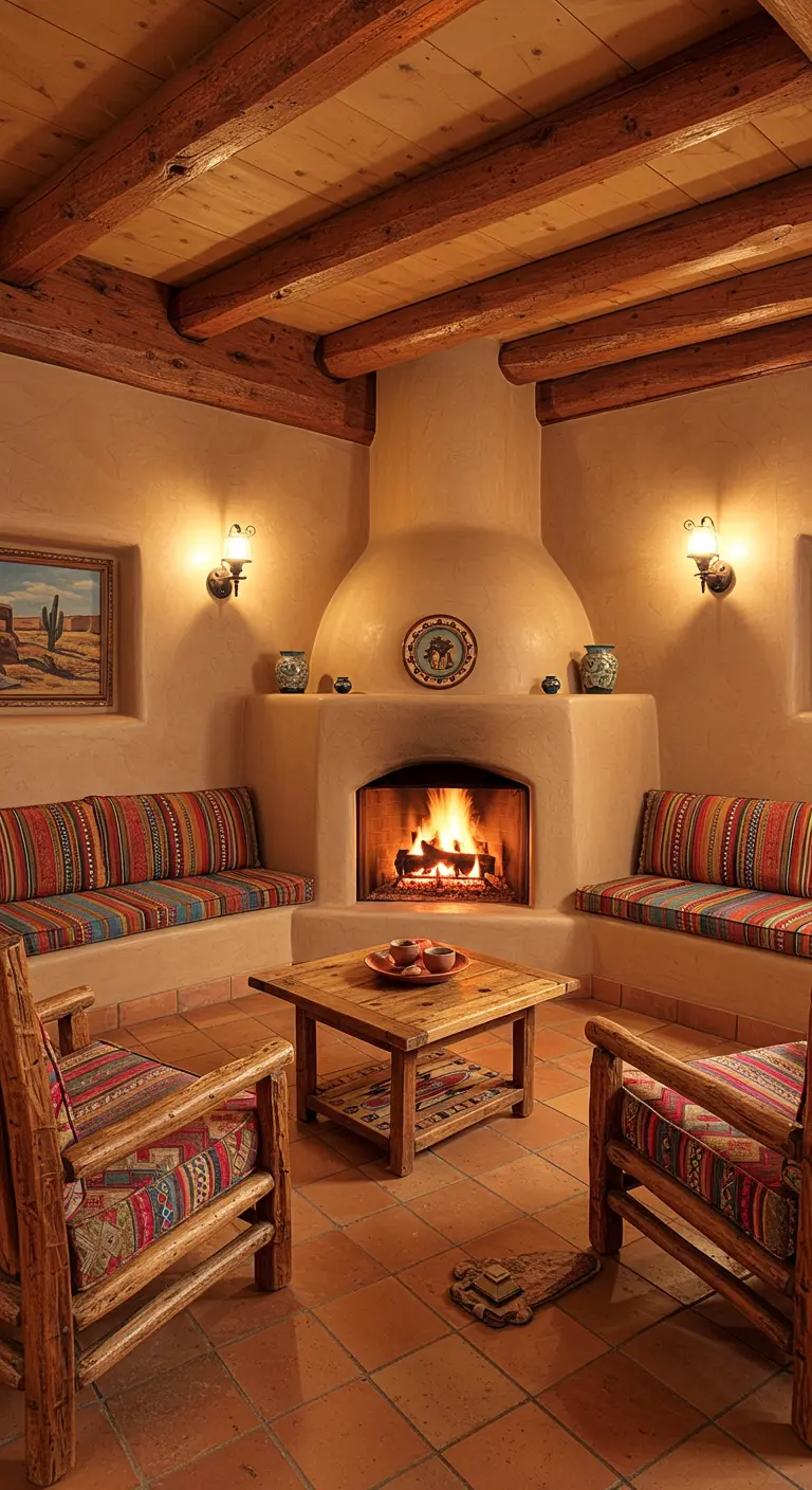 Southwestern woonkamer met adobe-stijl haard, ingebouwde banken en terracotta vloer.