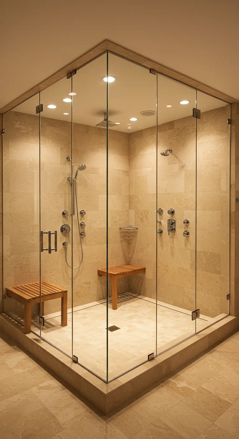 Ruime douche met crèmekleurige tegels, twee houten bankjes en veel glas.