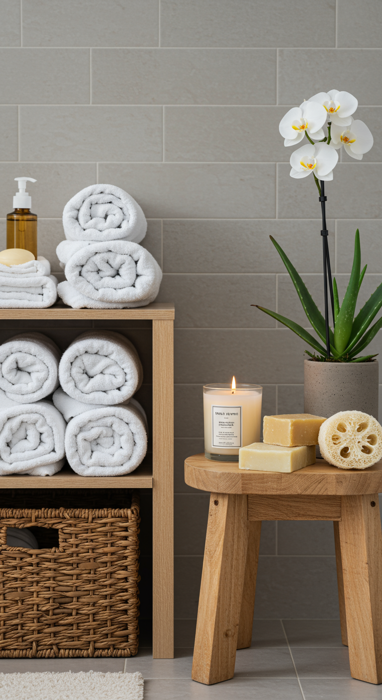 Badkamerdetail met opgerolde witte handdoeken, een orchidee en een brandende kaars.