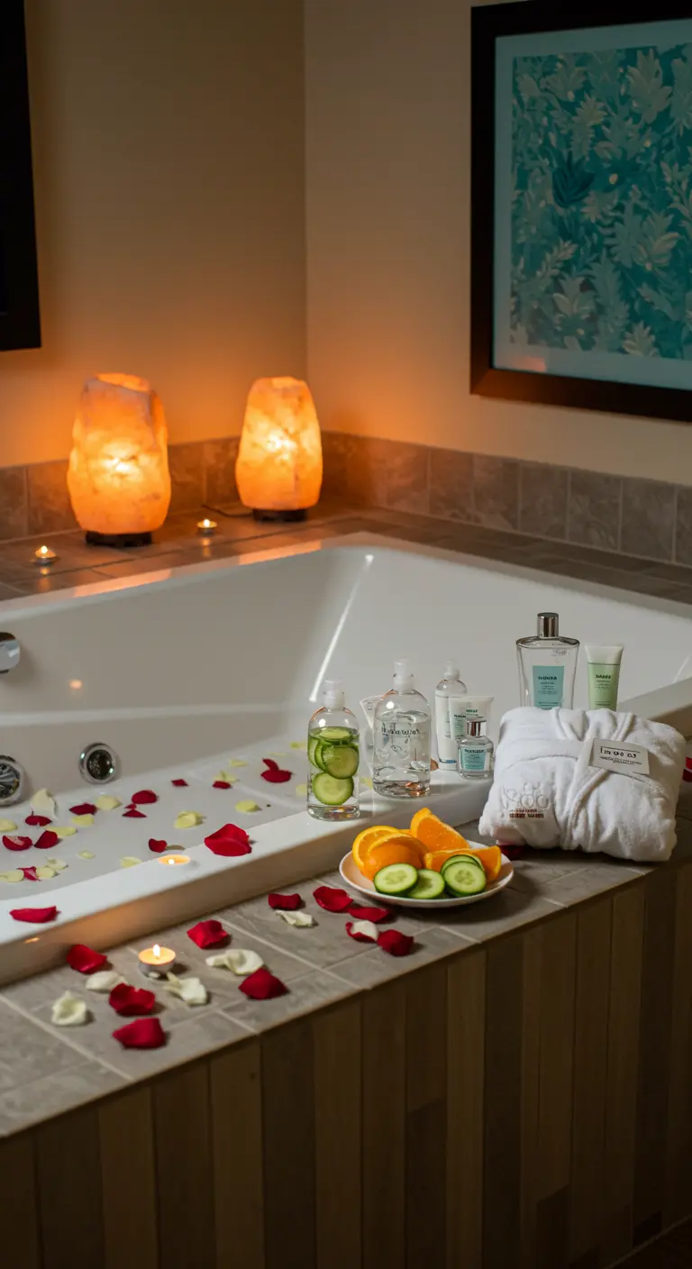 Luxe badkamer met bad vol rozenblaadjes, zoutlampen en verwenproducten.