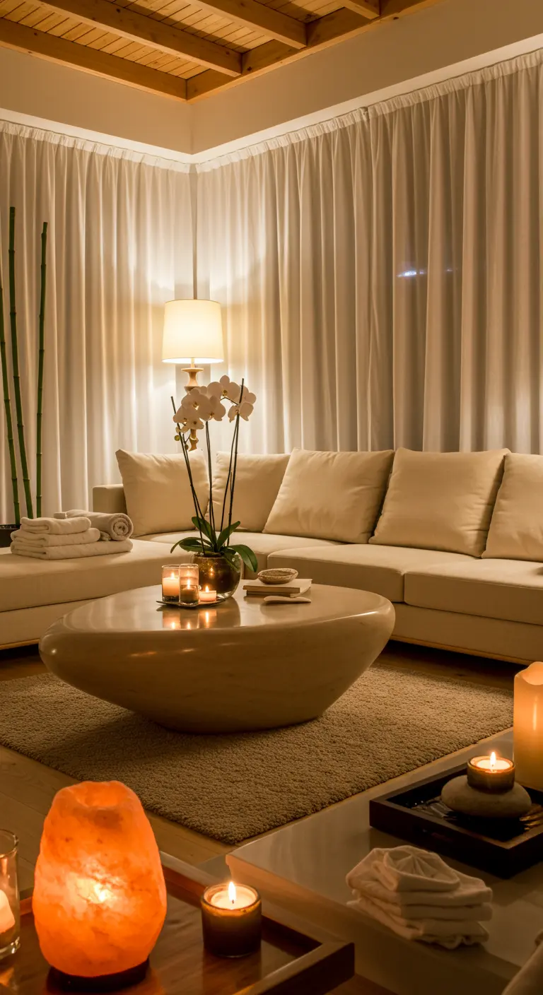 Woonkamer met spa-sfeer, witte bank, kaarsen en orchidee.