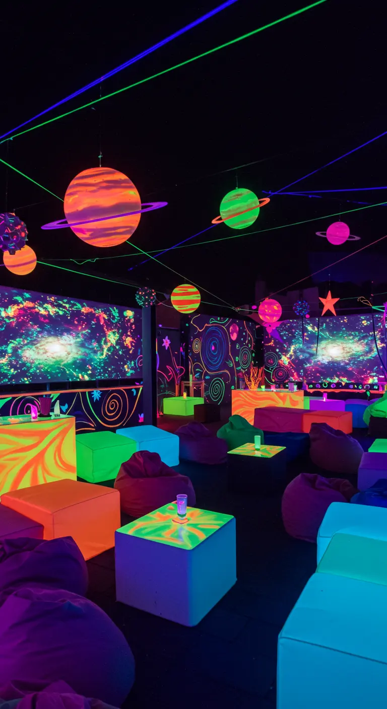 Dakterras space party met glow-in-the-dark planeten en neon meubels.