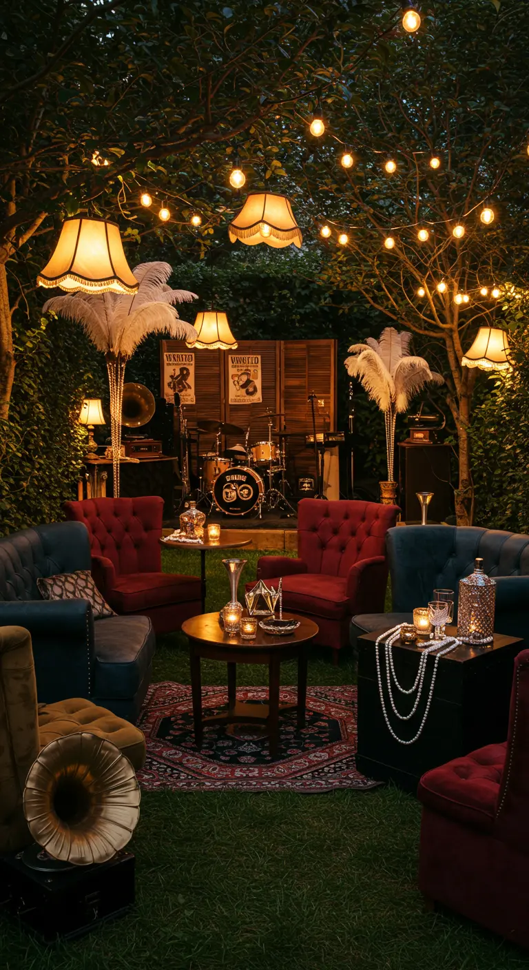 Tuinfeest in jaren '20 stijl met vintage lampenkappen, fluwelen stoelen en drumstel.