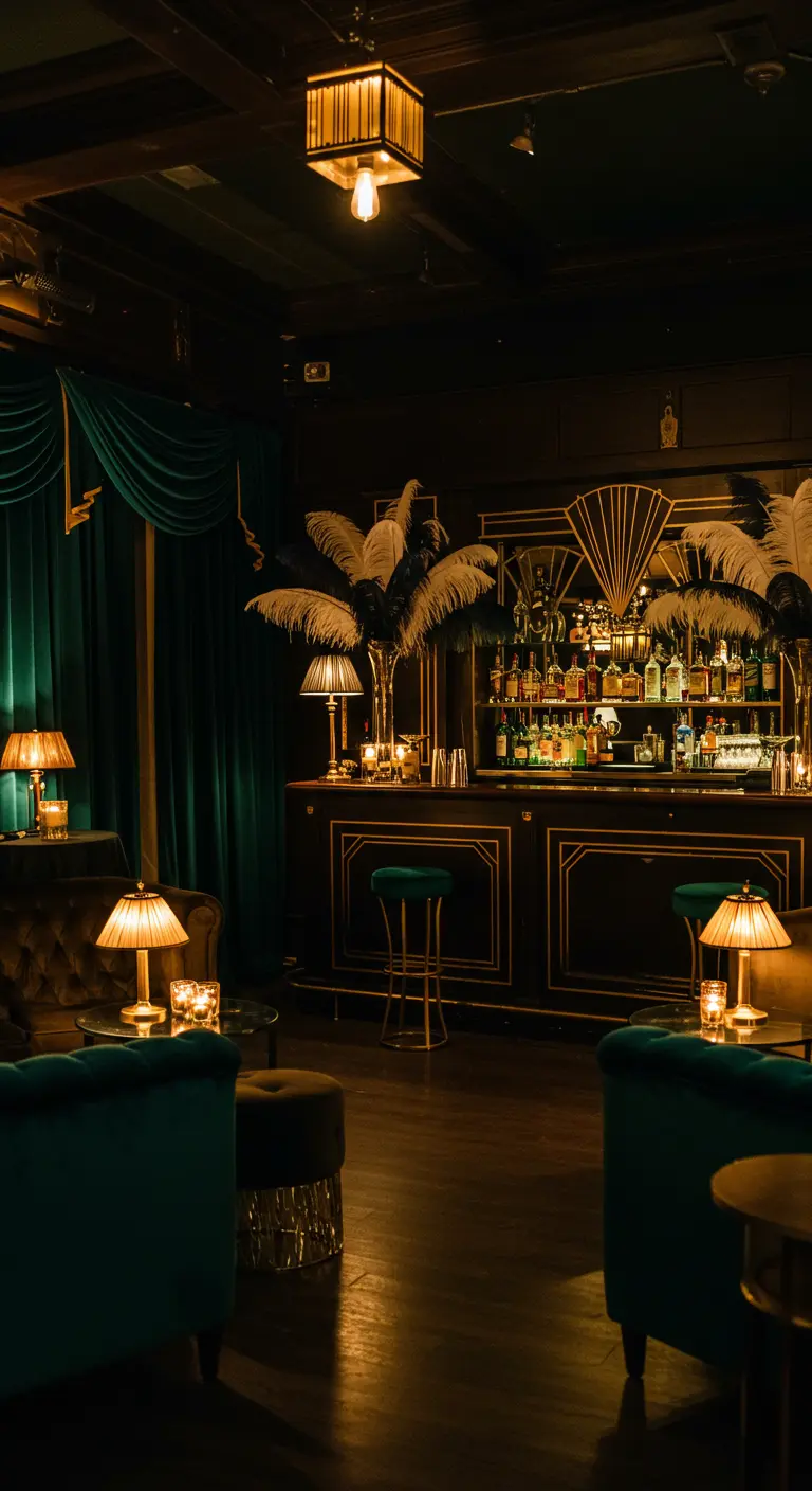 Donkere Art Deco bar met gouden accenten, fluwelen meubels en struisvogelveren.