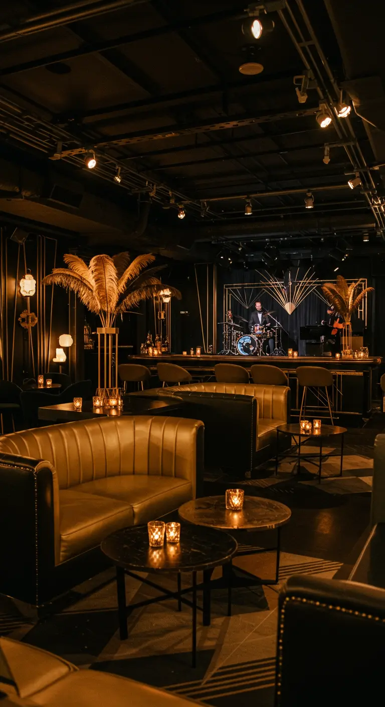 Art Deco thema bruiloftsfeest met gouden details en live muziek.