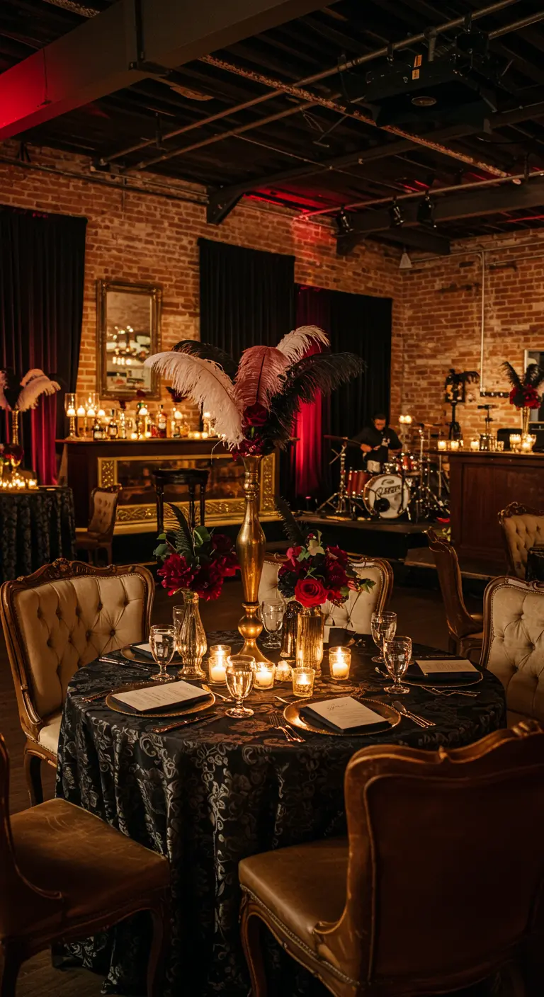 Donkere, sfeervolle bruiloftsreceptie in speakeasy-stijl met veren en fluweel.