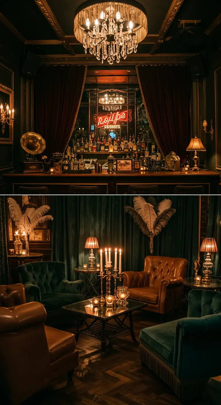 Stijlvolle speakeasy bar met fluwelen fauteuils, gedimde verlichting en vintage decor