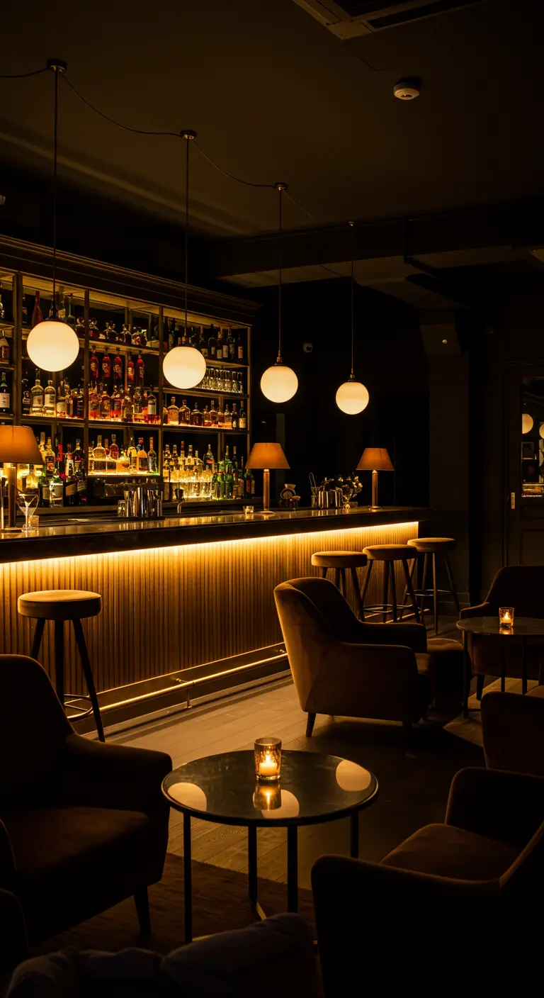 Donkere, sfeervolle bar met subtiele lichtslingers onder de bar en achter de flessen.
